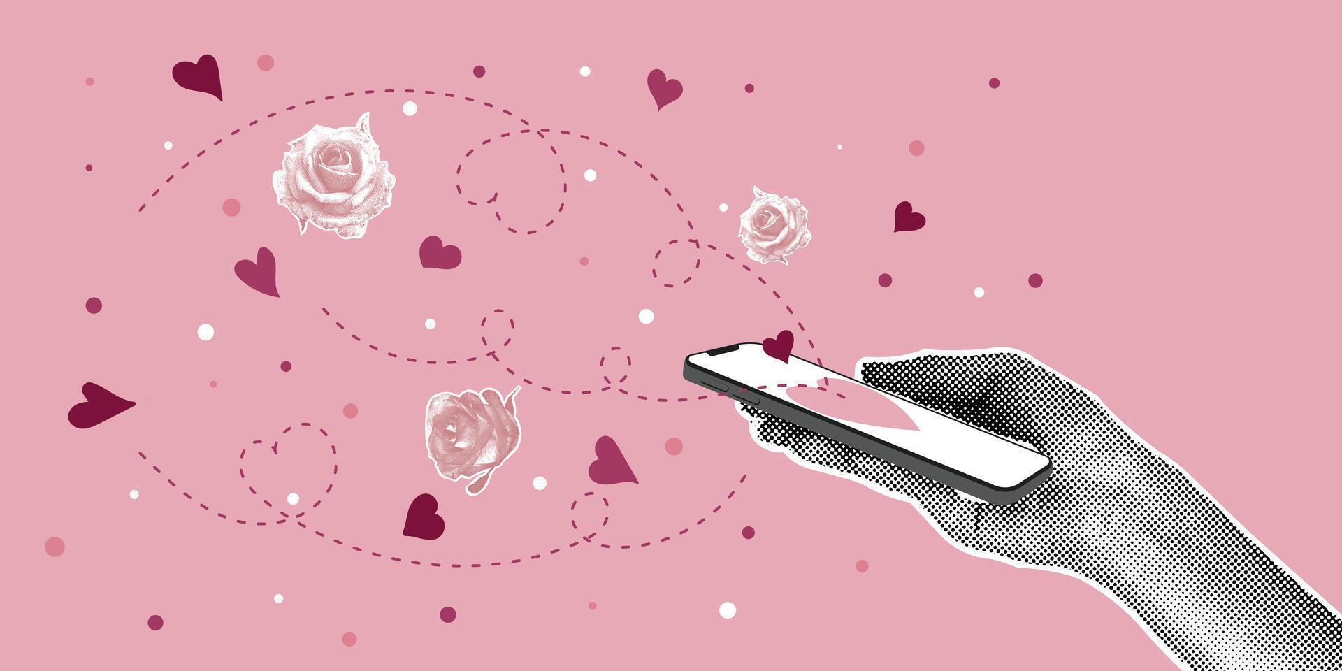 Trendy halftone collage. Image of halftone hand with phone and greetings flying out of the phone. Postcard in collage style for Valentines Day, March 8. Trendy retro collage from the 80s. vector
