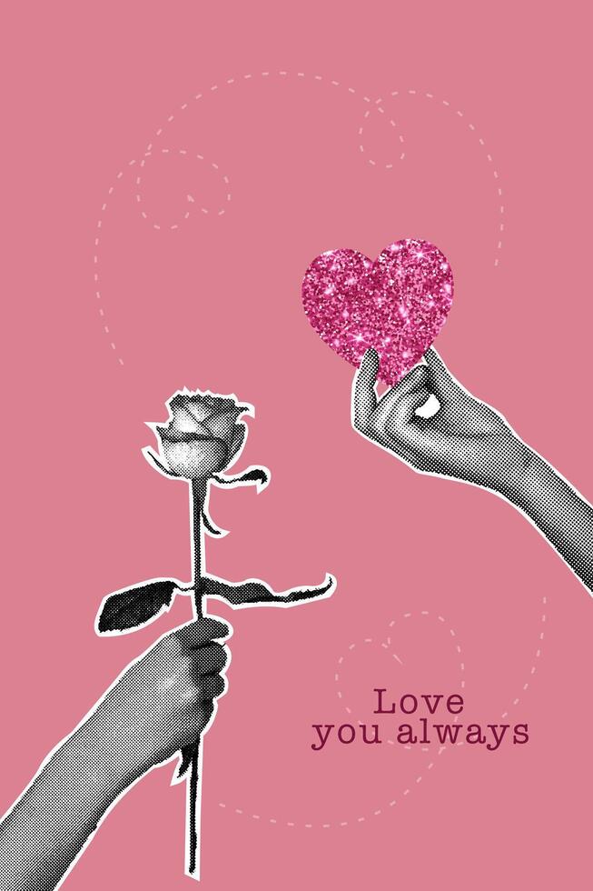 Trendy halftone collage. Postcard in collage style for Valentines Day, March 8. Image of a hand with a rose and a hand with a heart made of glitter. Trendy retro collage from the 80s vector