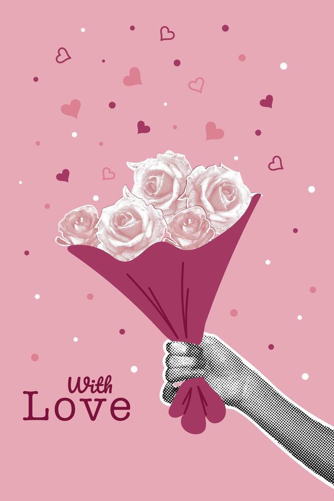 Trendy halftone collage. Postcard in collage style for Valentines Day, March 8. Image of hands with bouquet of halftone roses. Fashionable retro collage from the 80s vector