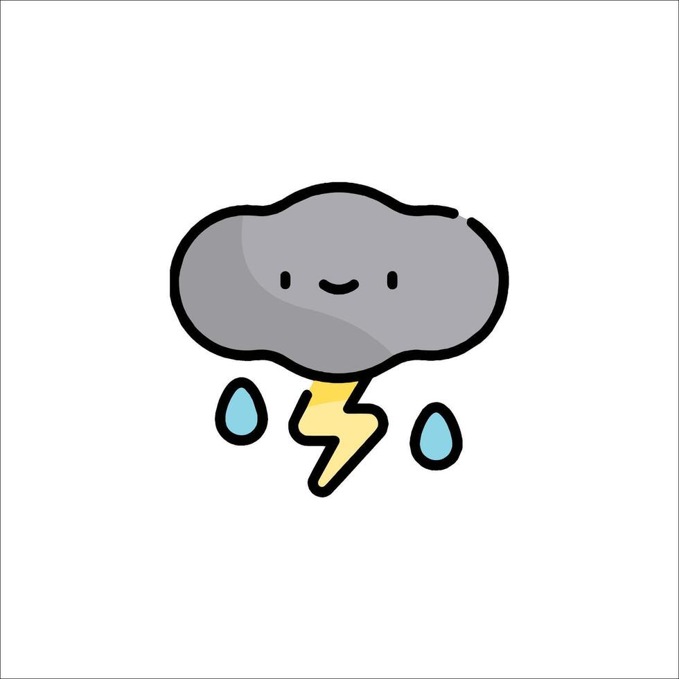 A cartoon cloud with a lightning bolt and rain drops vector