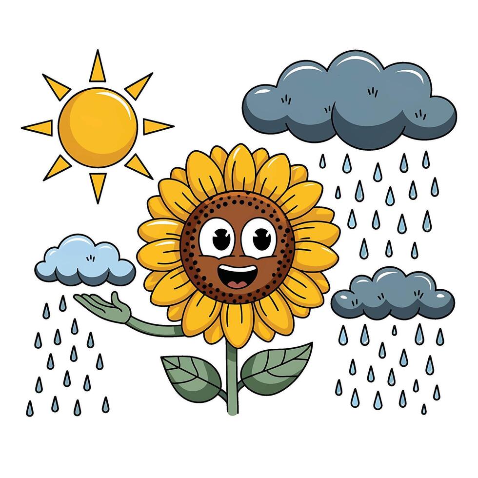 Happy Sunflower with Sun and Rain Clouds Whimsical Design Bright Sunflower in Mixed Weather Cartoon Style Image Sunflower with Sun Clouds and Rain vector