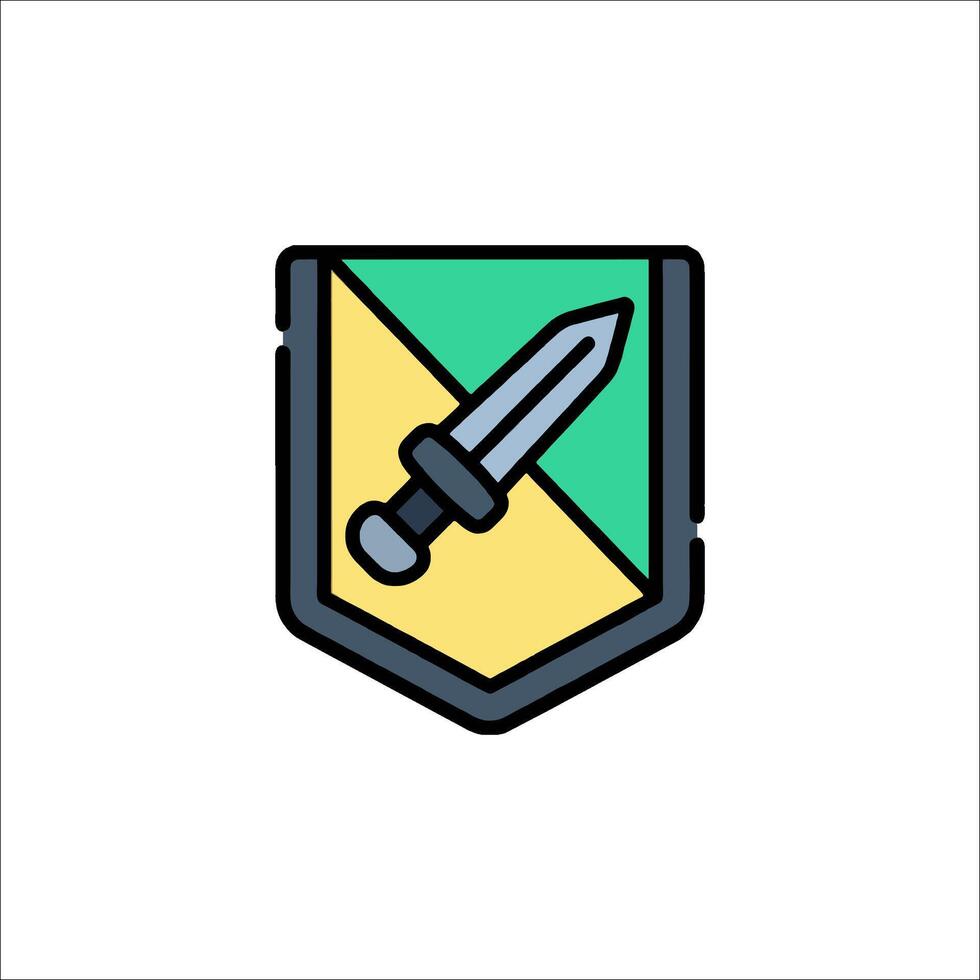 A green and yellow shield with a knife on it vector