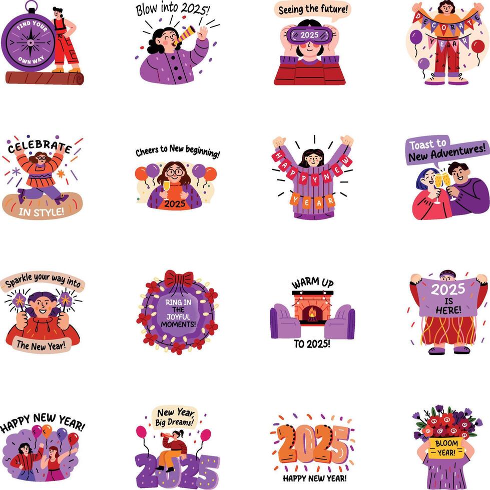 Set of Flat Style New Year Wishes Stickers vector