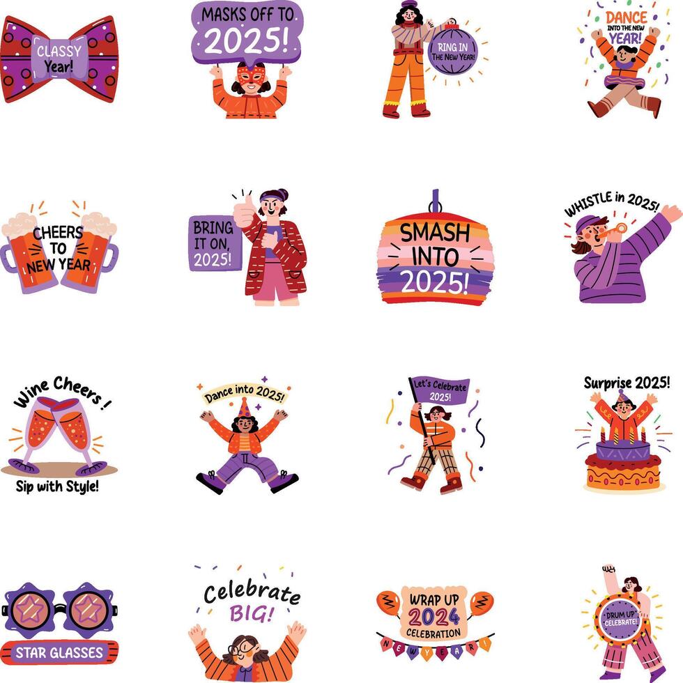 Bundle of Flat Style New Year Celebration Stickers vector