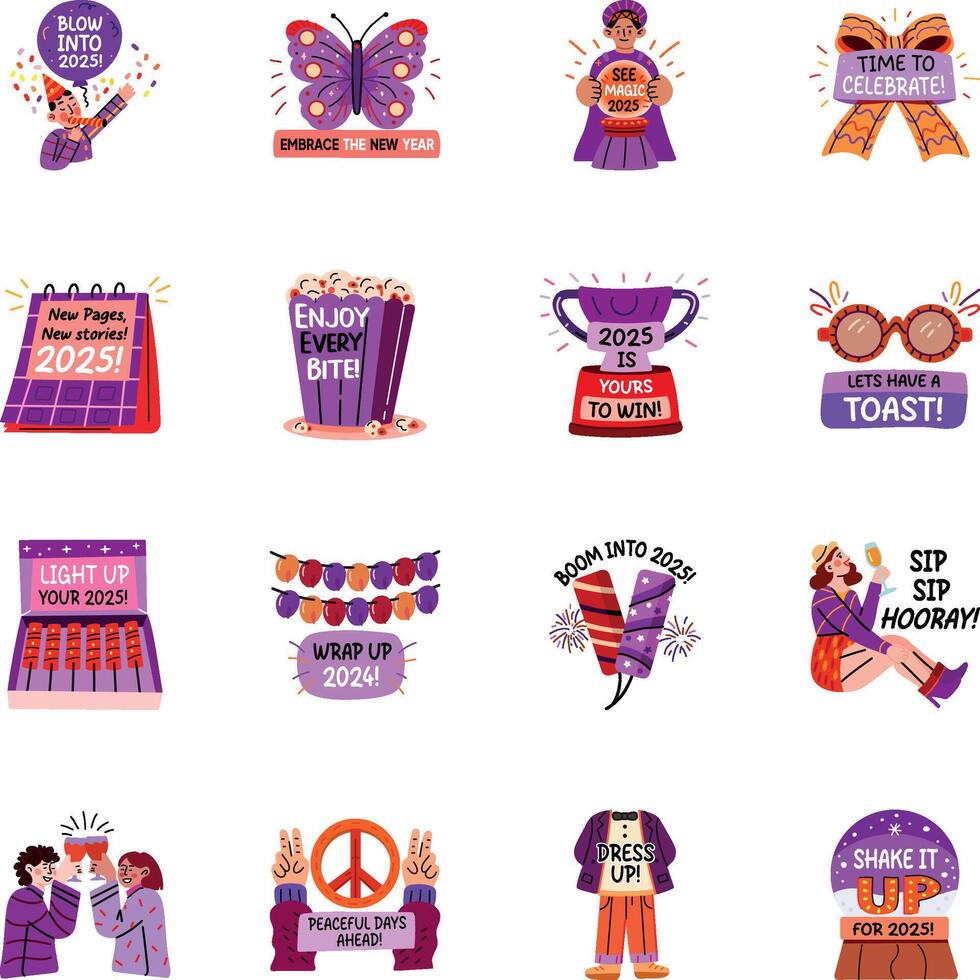 Set of Flat Sticker New Year Preparations Stickers vector