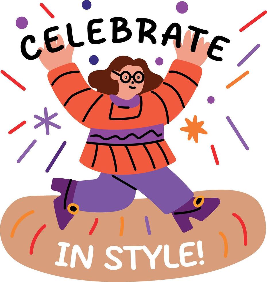A flat sticker of dancing character with celebrate in style typography vector