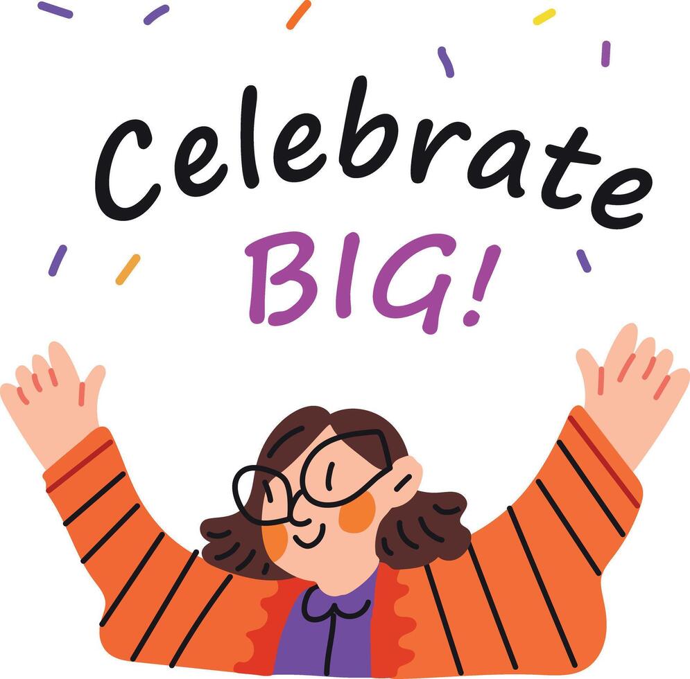 A flat sticker of dancing character with celebrate big typography vector