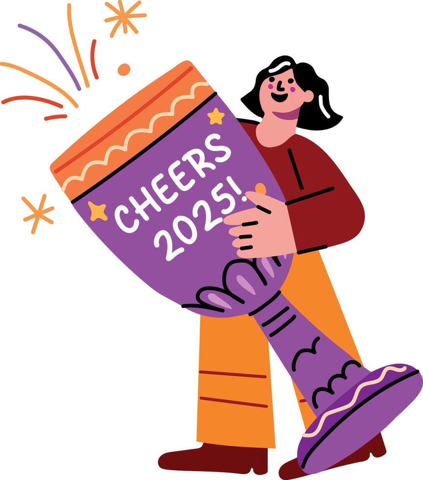 A flat sticker of a character holding a big glass with cheers 2025 typography vector