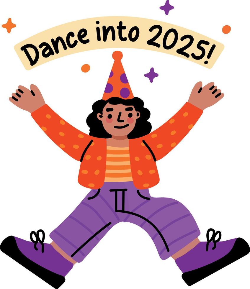 A flat sticker of dancing character with new year typography vector