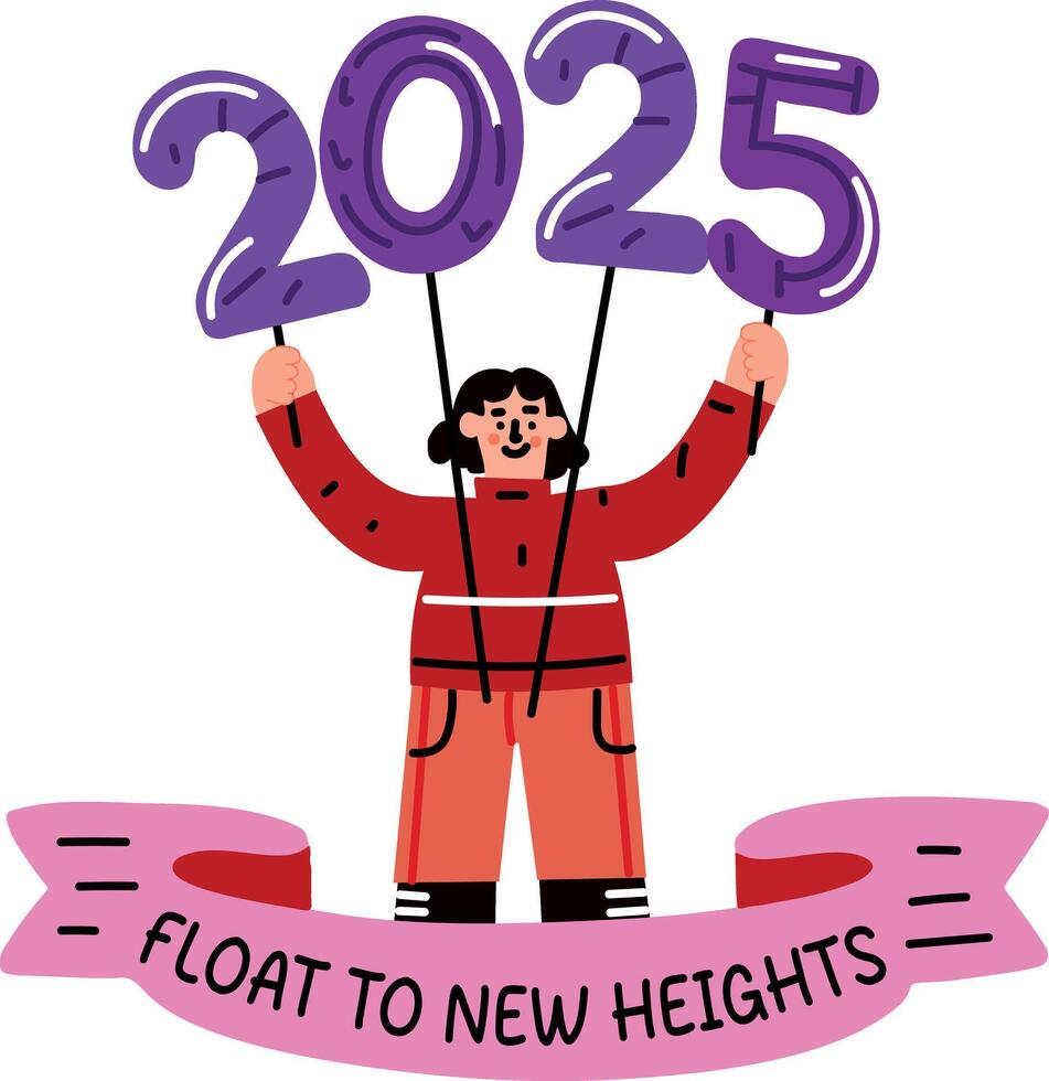 A flat sticker of a character holding 2025 balloons with floats to new ...