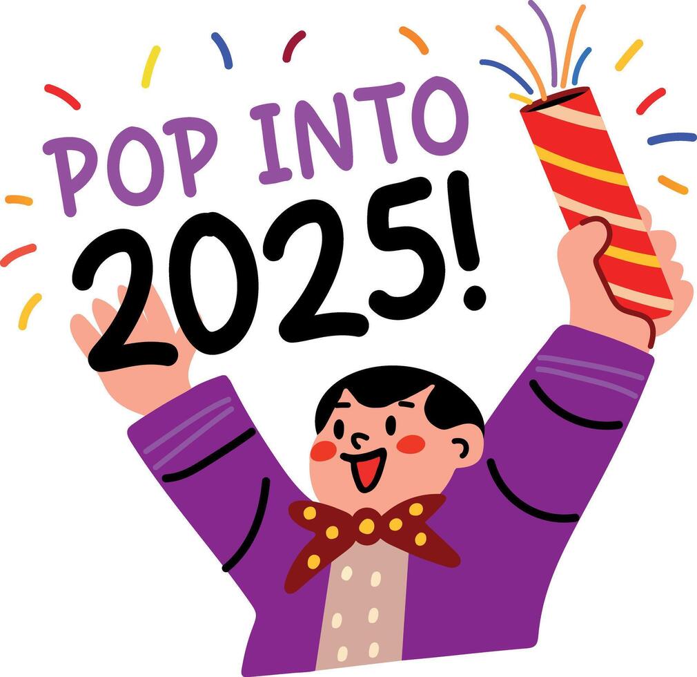 A flat sticker of a character holding party popper with pop into 2025 typography vector