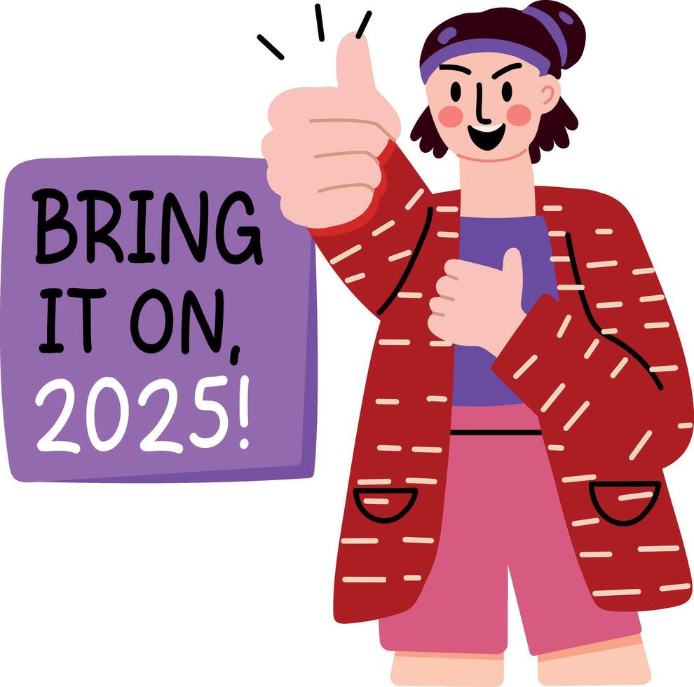 A flat sticker of thumbs up character with bring it on 2025 typography vector