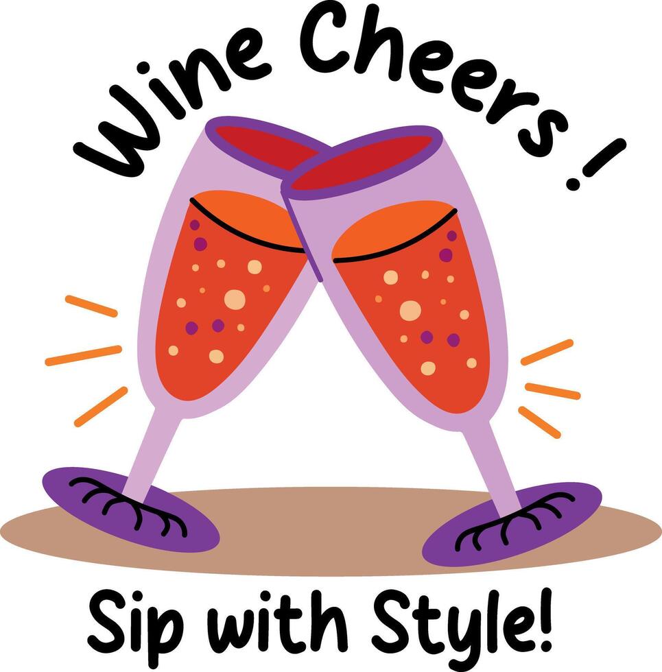 A flat sticker of celebration drinks with wine cheers text written above vector