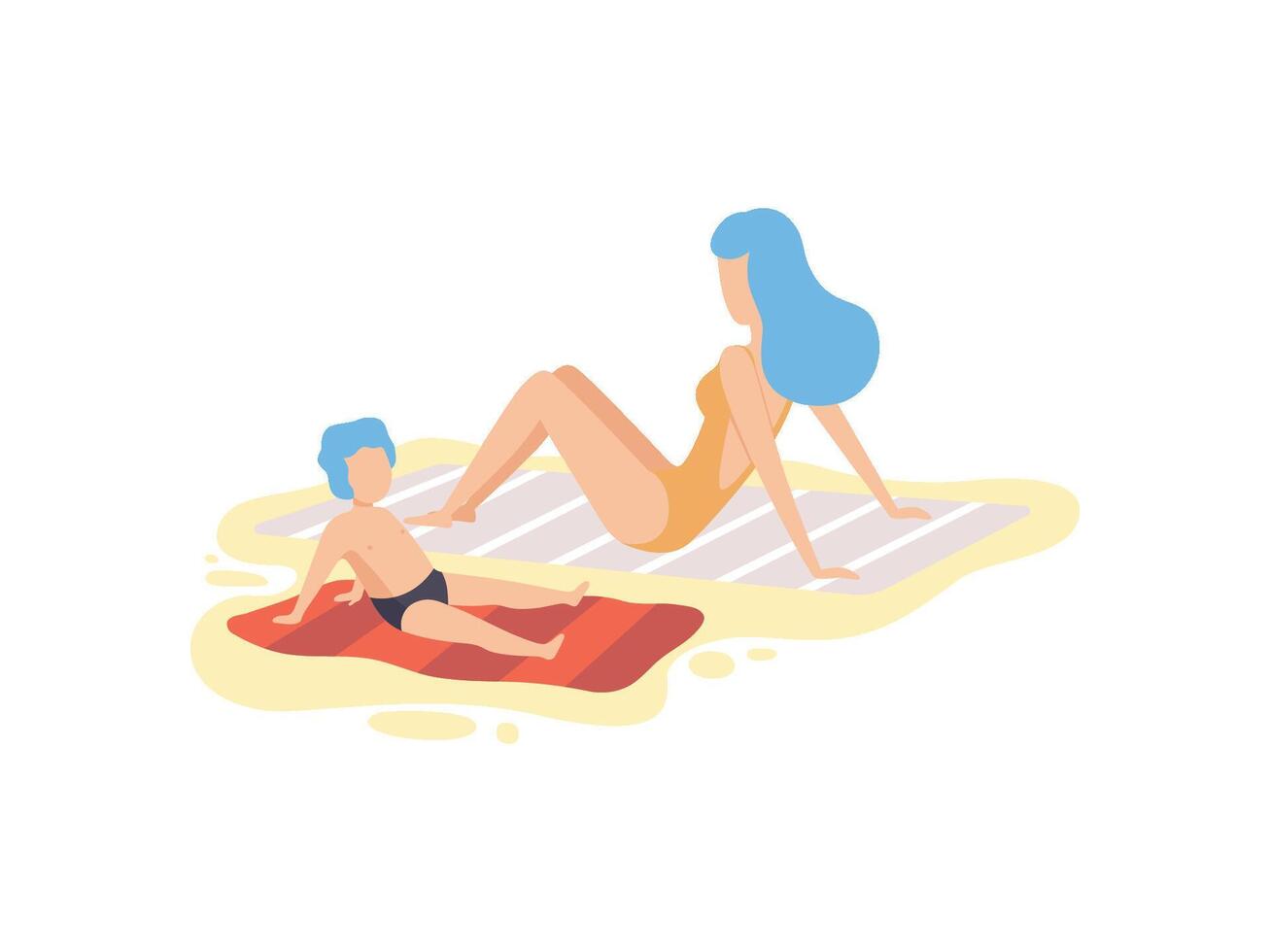 Mother and Her Son Sunbathing on Sandy Beach, Happy Mom and Son Enjoying Summer Vacation on Seashore Illustration vector