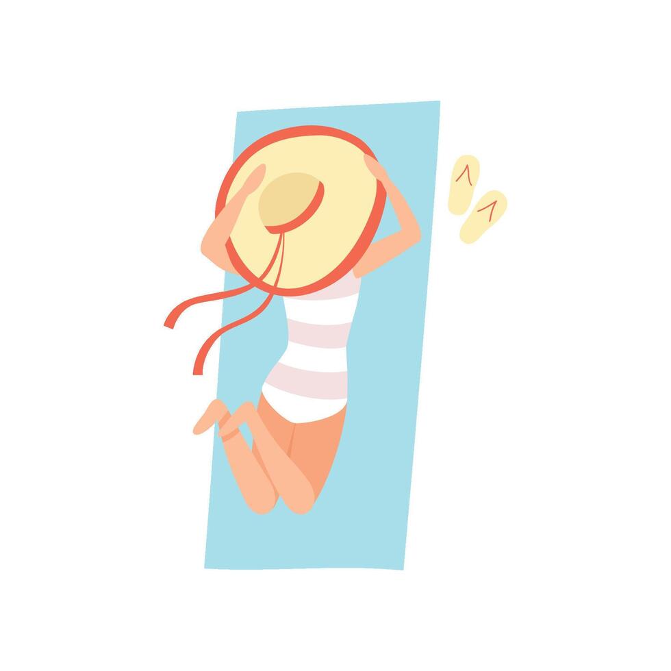 Girl in Swimsuit and Straw Hat Lying on Beach, Beautiful Young Woman Enjoying Summer Vacation on Seashore Illustration vector