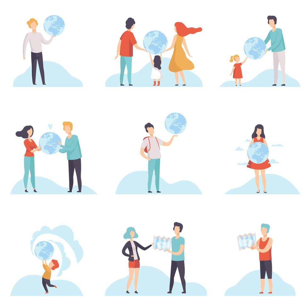 People with Globes and Maps Set, Men, Women and Kids Holding Terrestrial Globe and Map Illustration vector
