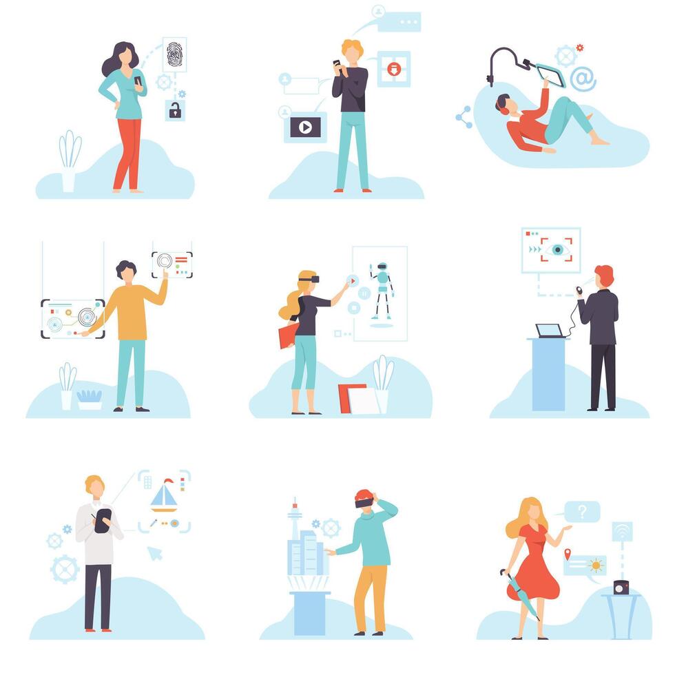 People Using Hi Tech Technologies Set, Smartphones, Gadgets with Biometric Scanning Identification, VR Goggles Headsets Illustration vector