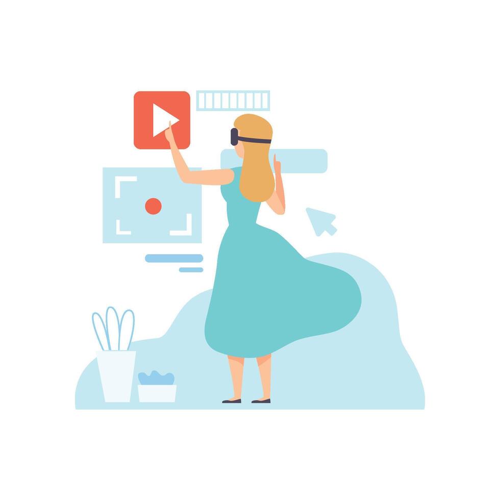 Woman Wearing VR Goggle Headset with Touching Interface, Modern Virtual Technologies, Innovative Gadget Illustration vector