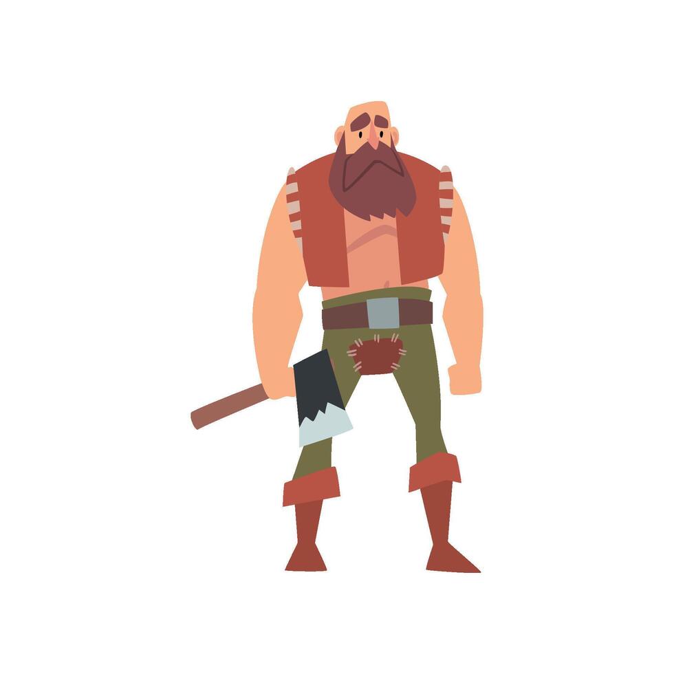 Muscular Barbarian Warrior with Axe, Medieval Historical Cartoon Character in Traditional Costume Illustration vector