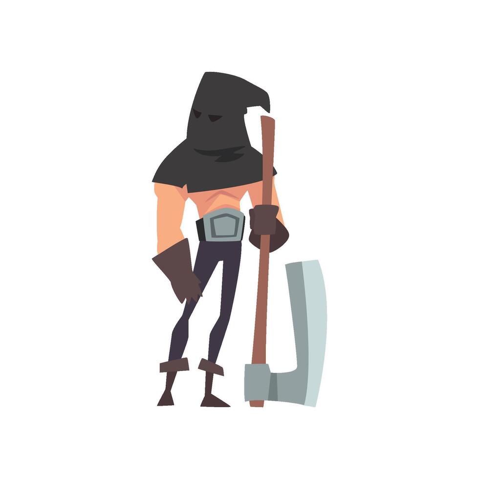 Male Executioner with Black Headwear and Axe, Medieval Historical Cartoon Character in Traditional Costume Illustration vector