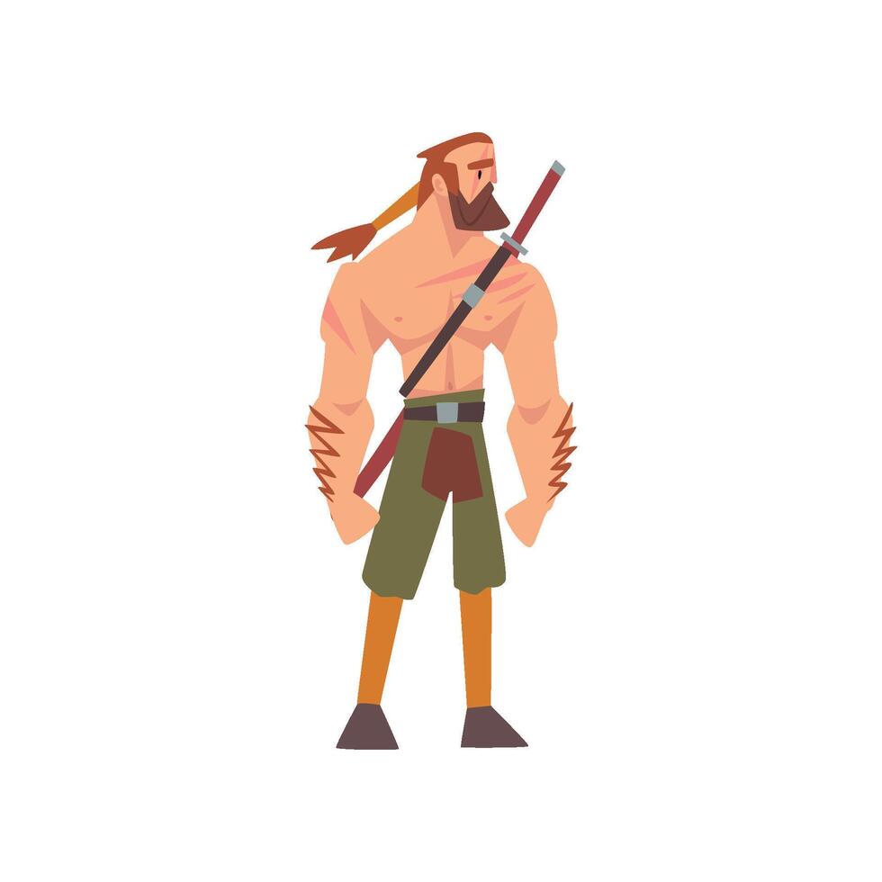 Muscular Barbarian Warrior with Sword, Medieval Historical Cartoon Character in Traditional Costume Illustration vector