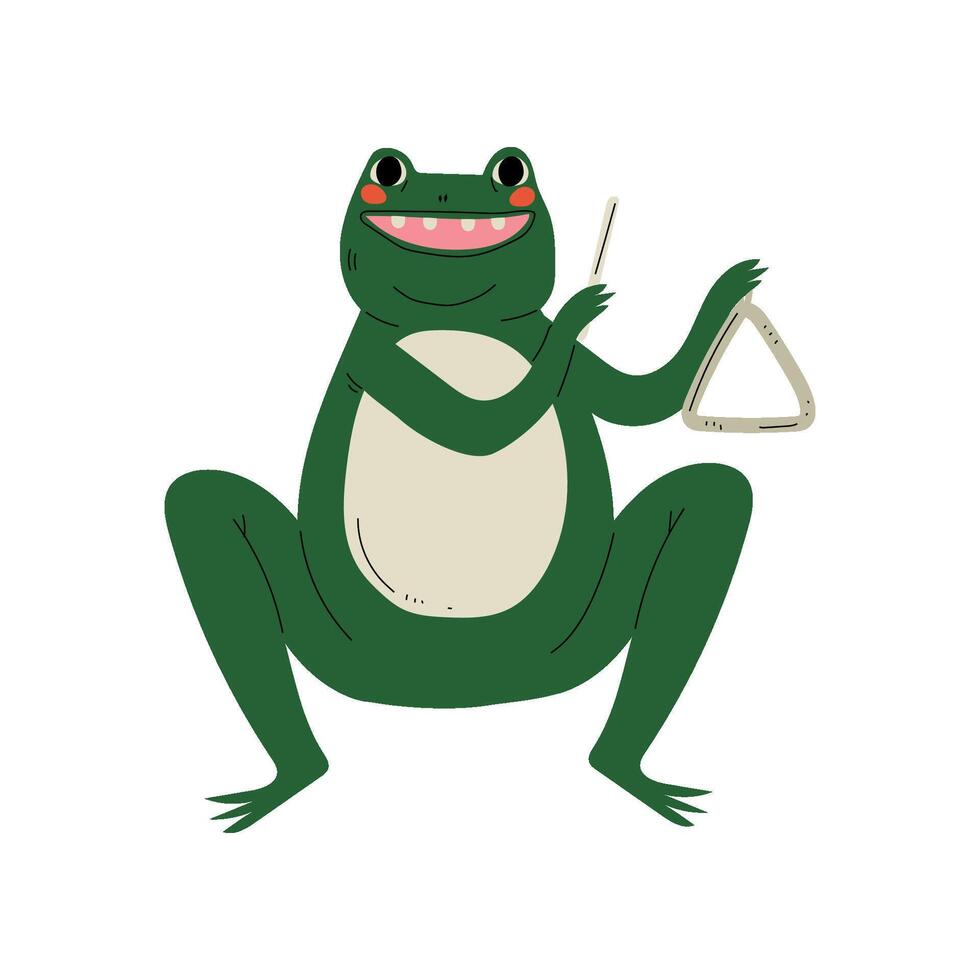 Frog Playing Triangle, Cute Cartoon Animal Musician Character Playing Musical Instrument Illustration vector