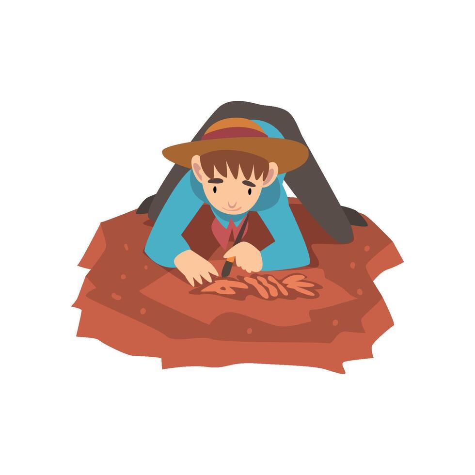 Male Archaeologist Lying on Ground and Sweeping Dirt from Bones of Skeleton Using Small Brush, Paleontology Scientist Working on Excavations Illustration vector