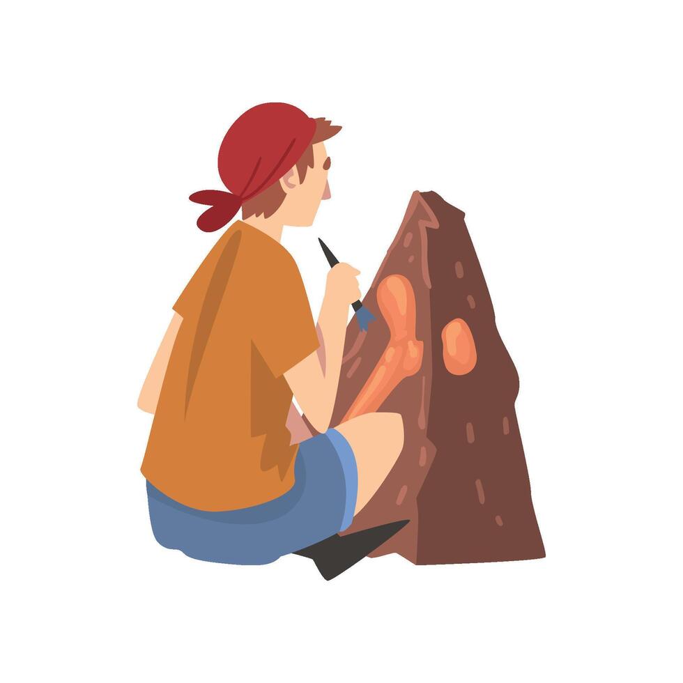 Male Archaeologist Sitting on Ground and Sweeping Dirt from Bones of Skeleton Using Brush, Paleontology Scientist Working on Excavations Illustration vector