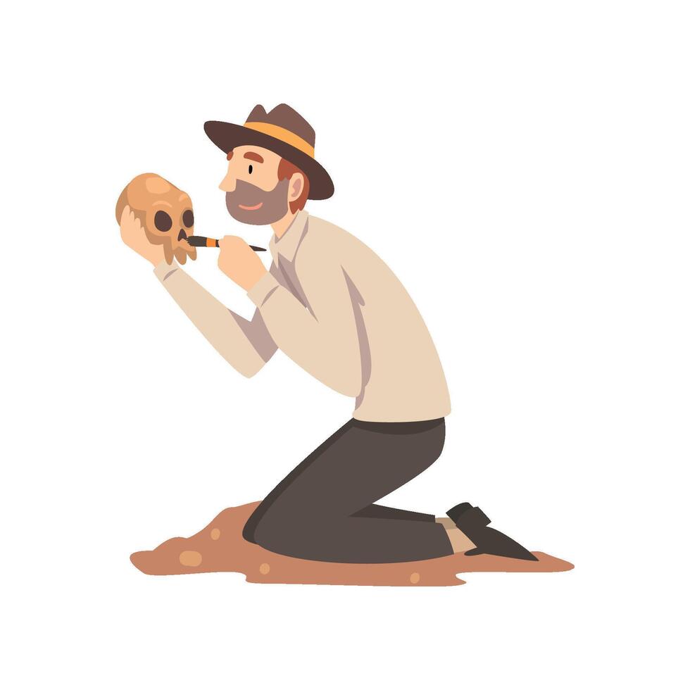 Male Archaeologist Sweeping Dirt from Human Skull, Scientist Working on Excavations Illustration vector