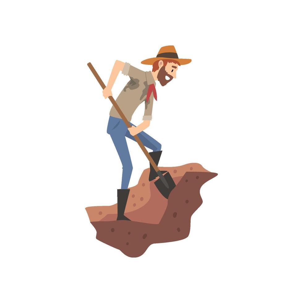 Male Archaeologist Digging Soil with Shovel, Scientist Working on Excavations Illustration vector