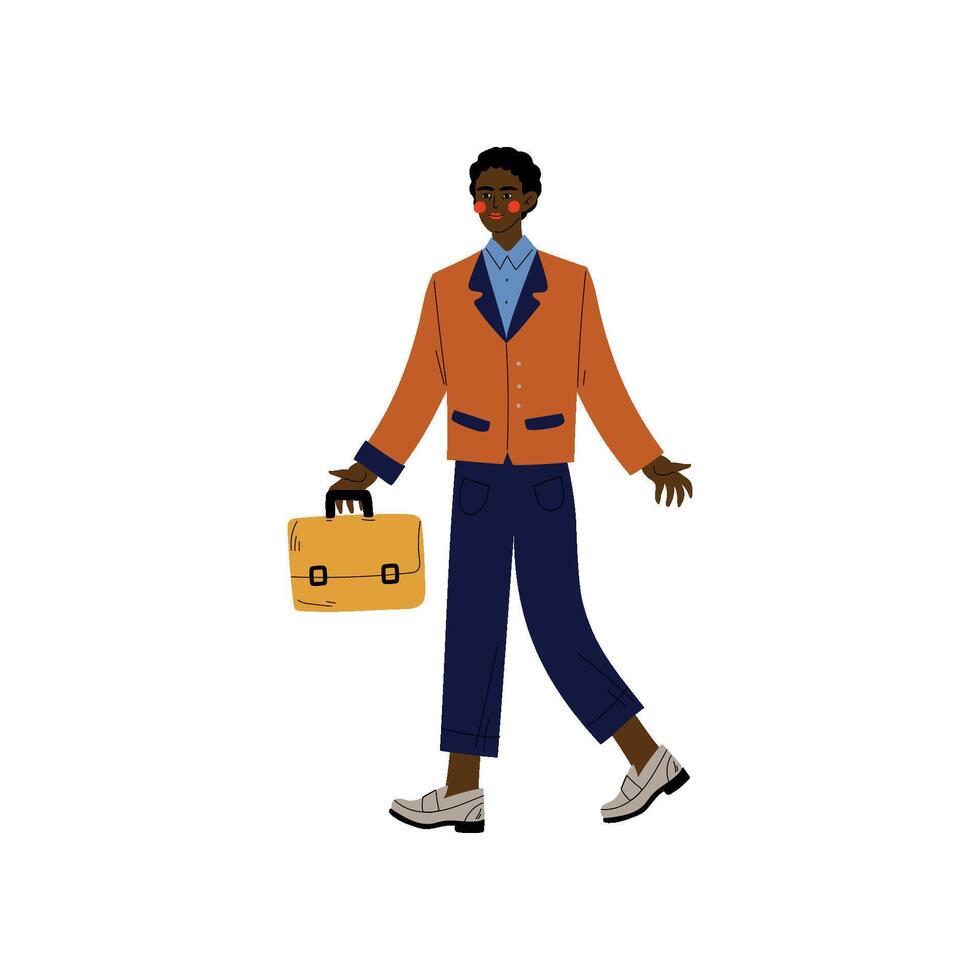 African American Business Man Walking with Briefcase, Office Employee, Entrepreneur or Manager Character Illustration vector