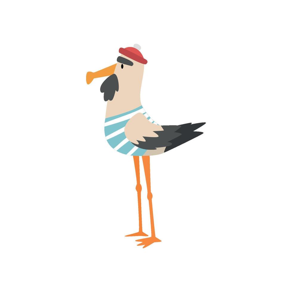 Seagull Sailor, Funny Bird Cartoon Character in Blue White Vest and Cap, Side View Illustration vector