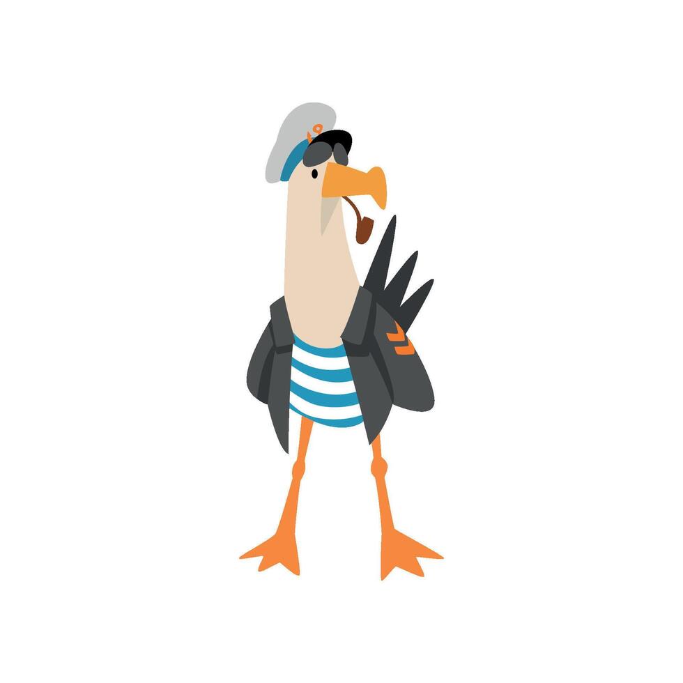 Seagull Sailor Smoking Pipe, Funny Bird Cartoon Character in Blue White Vest, Black Jacket and Captaine Cap, Front View Illustration vector