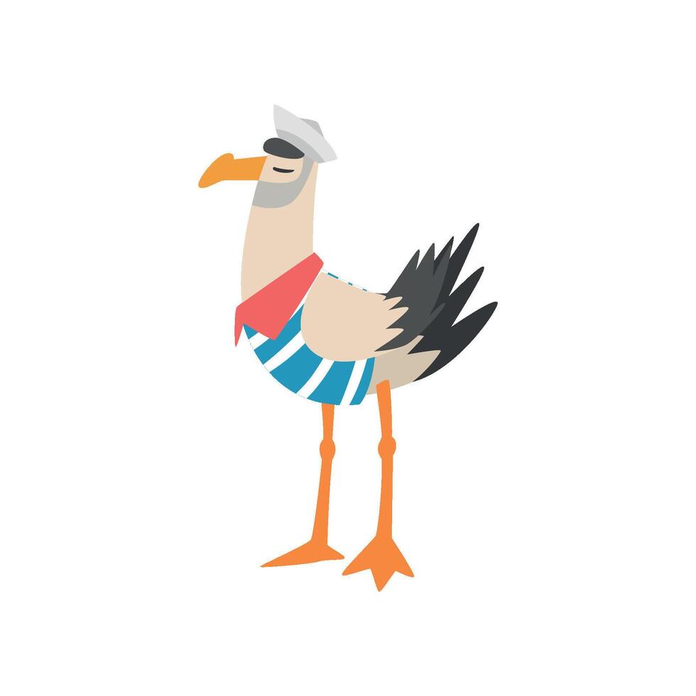 Seagull Sailor, Funny Bird Cartoon Character in Striped Vest and Cap Illustration vector