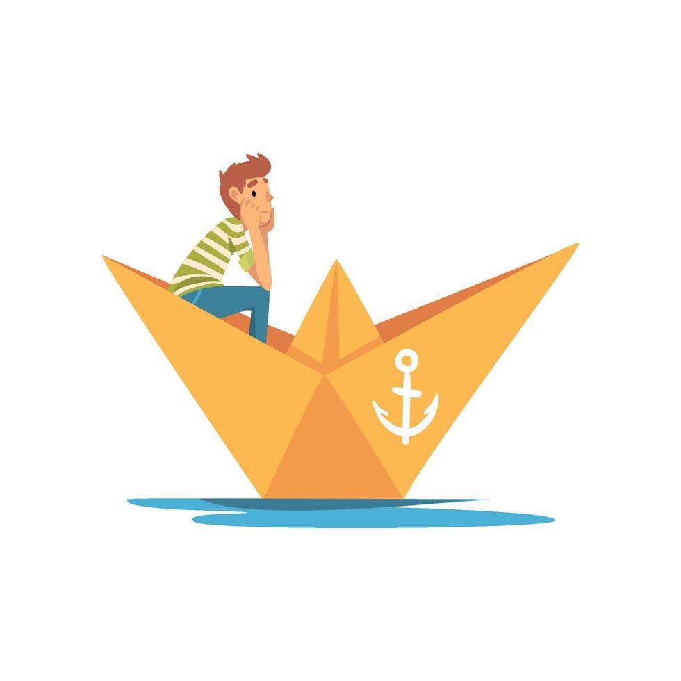 Boy in Green White Striped T-Shirt Boating in Paper Boat Illustration vector