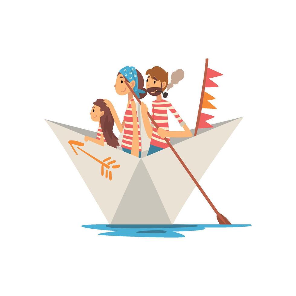 Father, Mother and Little Daughter in Red White Striped T-Shirts Boating on River, Lake or Pond, Family Paper Boat Illustration vector