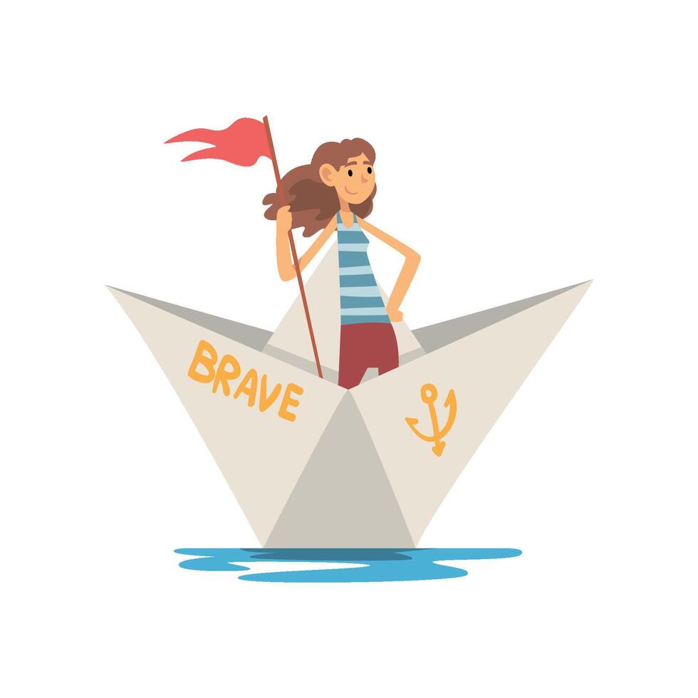 Woman in Striped Vest Boating with Flag in Paper Boat Illustration vector