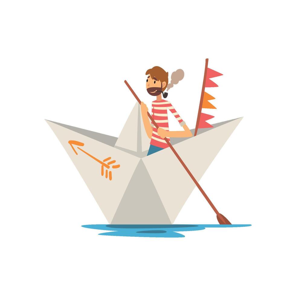 Man Sailor with Tobacco Pipe Boating on River, Lake or Pond in Paper Boat Illustration vector