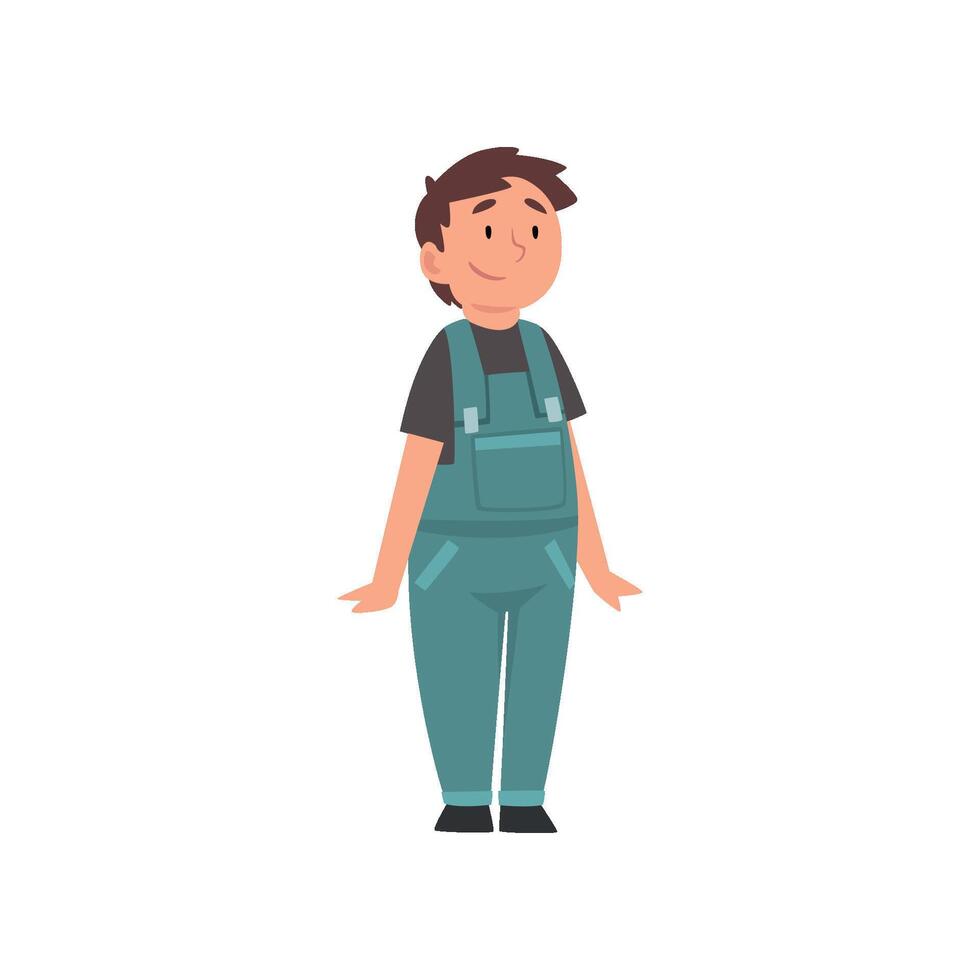 Smiling Fat Boy Wearing Denim Overalls, Cute Overweight Child Character Illustration vector
