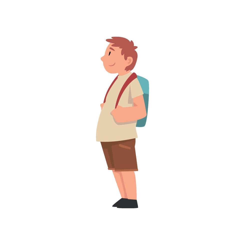 Fat Boy with Backpack, Side View, Cute Overweight Child Character Illustration vector