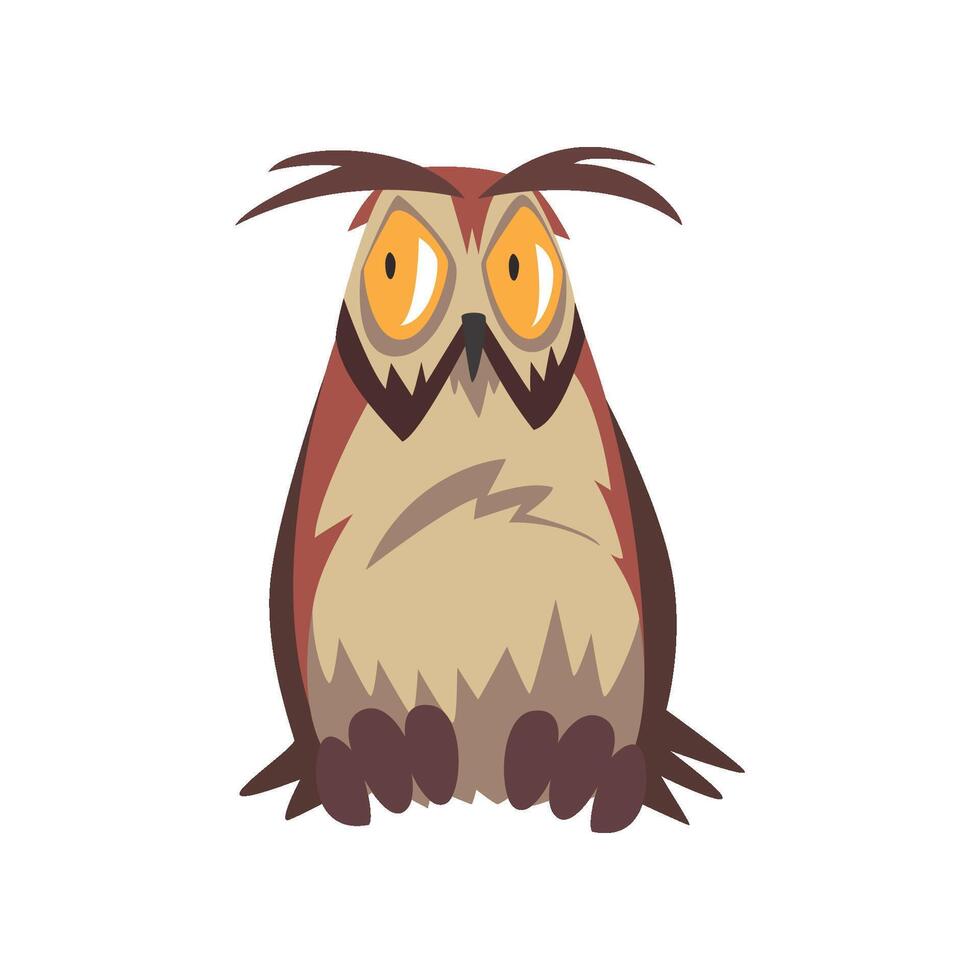 Eagle Owl Bird with Open Eyed, Great Horned Owl Character with Brown Plumage Illustration vector