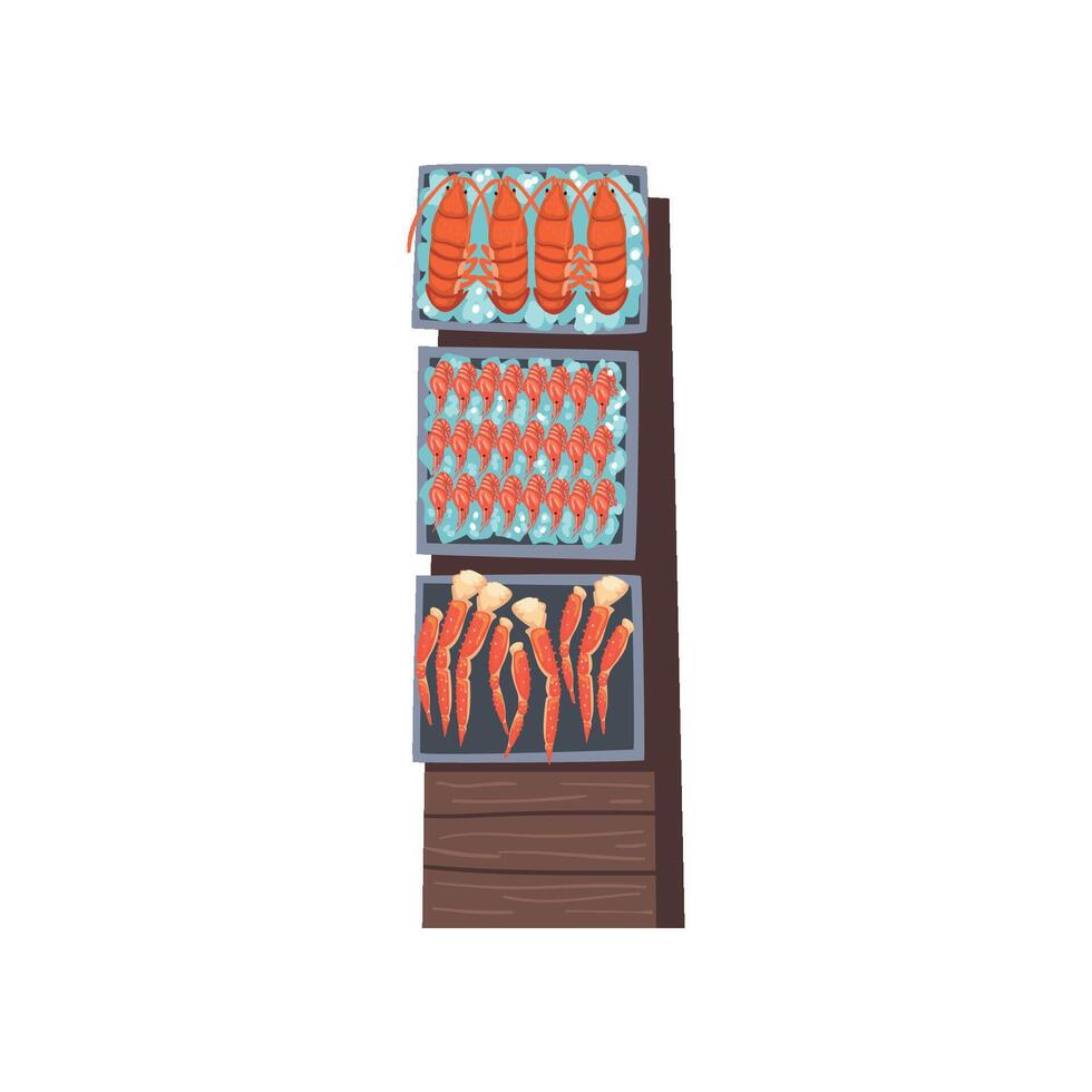 Shelves with Fresh Fish with Ice Cubes, Seafood Market with Freshness Fish Products on Counter Illustration vector