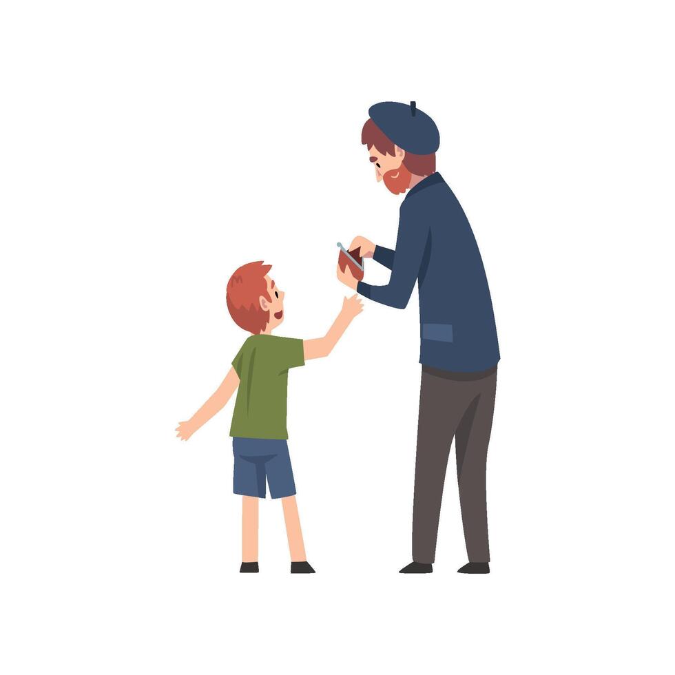 Market Shoppers, Senior Man and Boy Purchasing Illustration vector