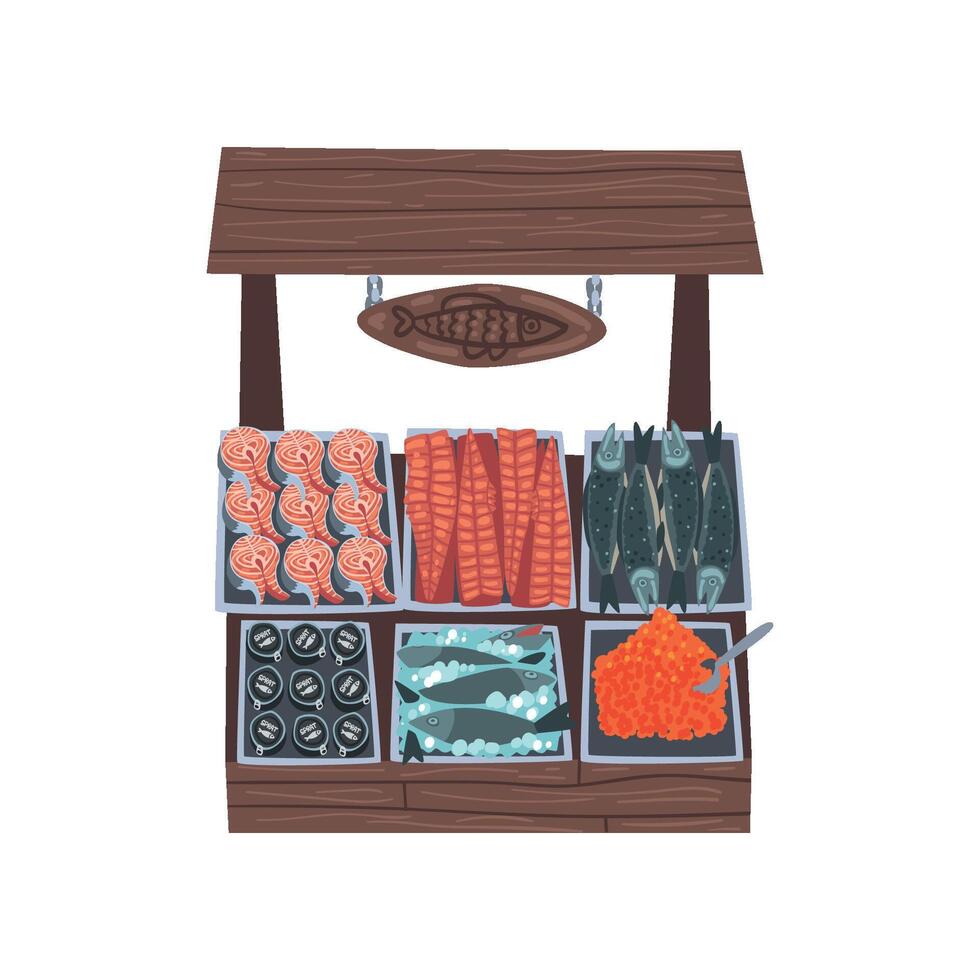 Market Wooden Counter with Fresh Fish, Street Shop Showcase Illustration vector