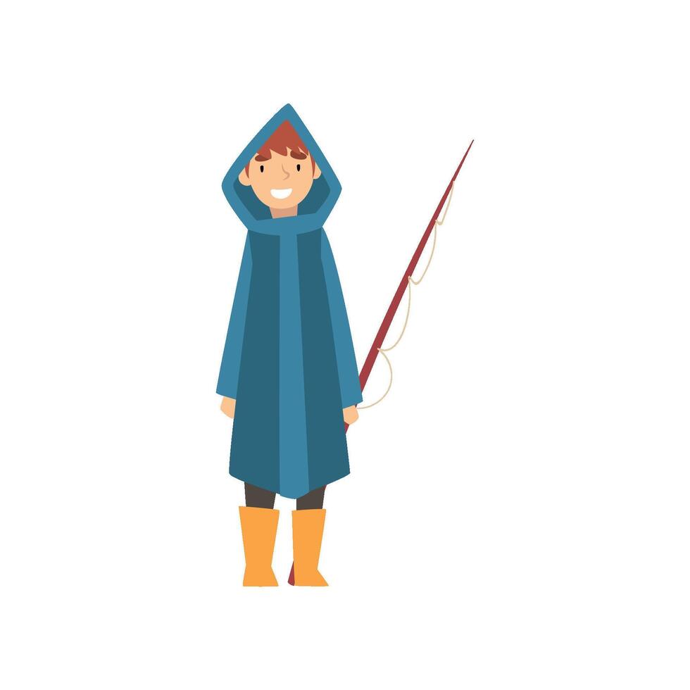 Cute Smiling Boy in Raincoat with Fishing Rod, Little Fisherman Cartoon Character Illustration vector