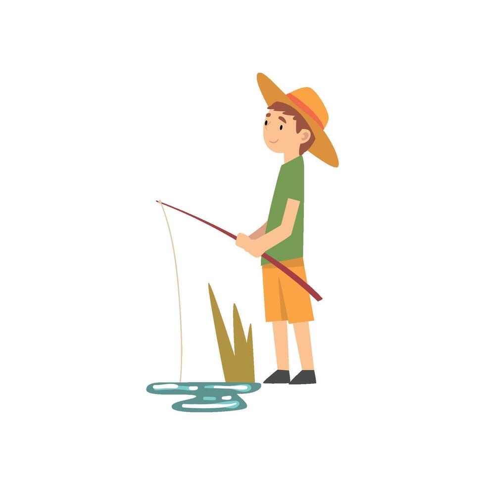 Cute Boy Fishing, Little Fisherman Cartoon Character in Hat Illustration vector