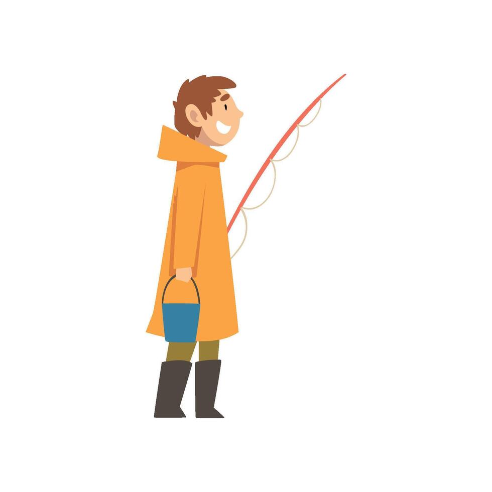 Boy in Orange Raincoat with Fishing Rod and Bucket, Little Fisherman Cartoon Character Illustration vector