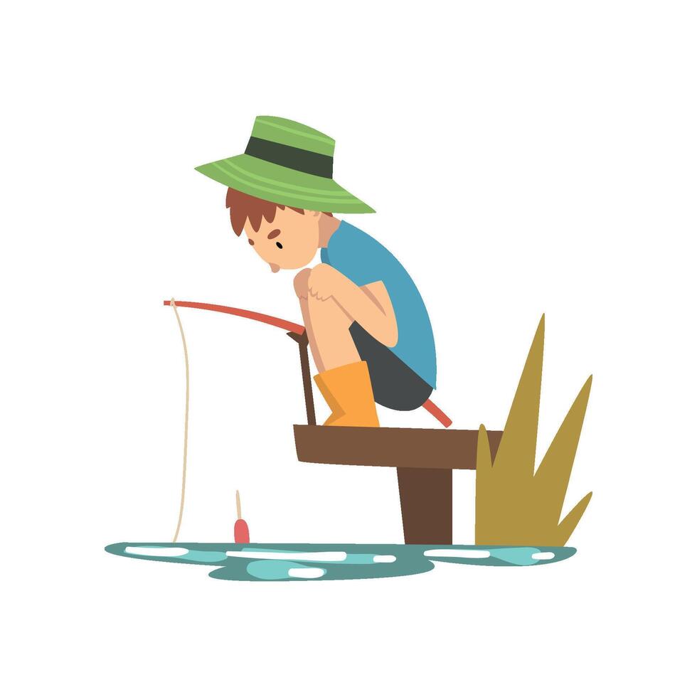 Cute Boy Fishing from Pier into Sea or River Shore, Fisherman Cartoon Character with Fishing Rod Illustration vector