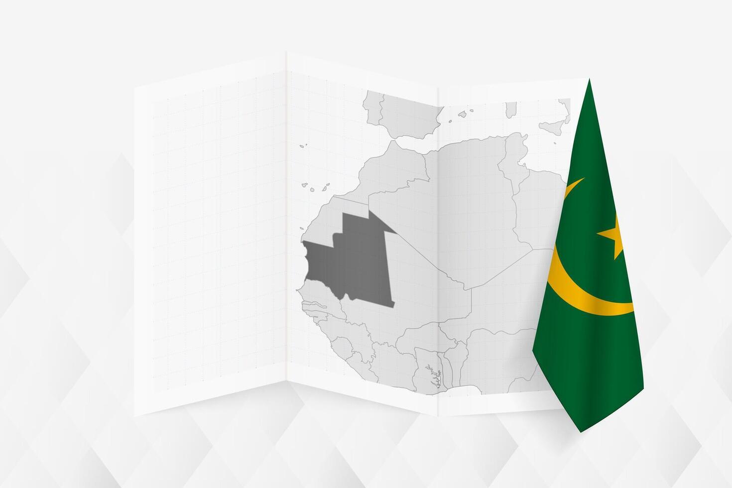 A grayscale map of Mauritania with a hanging Mauritanian flag on one side. Map for many types of news. vector