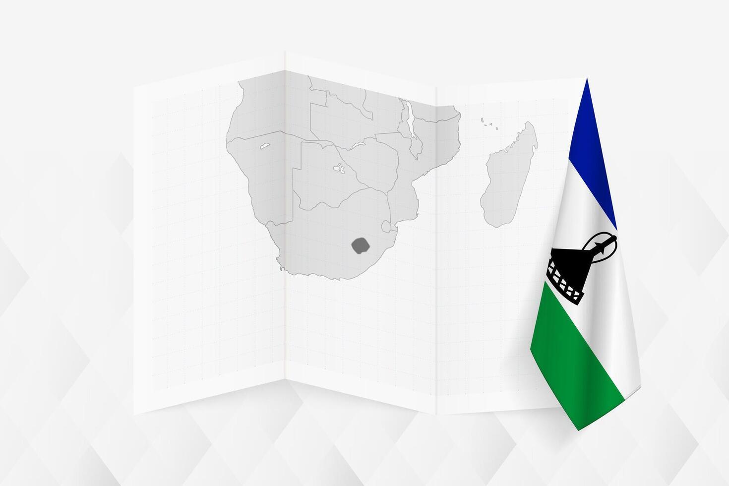 A grayscale map of Lesotho with a hanging Basotho flag on one side. Map for many types of news. vector